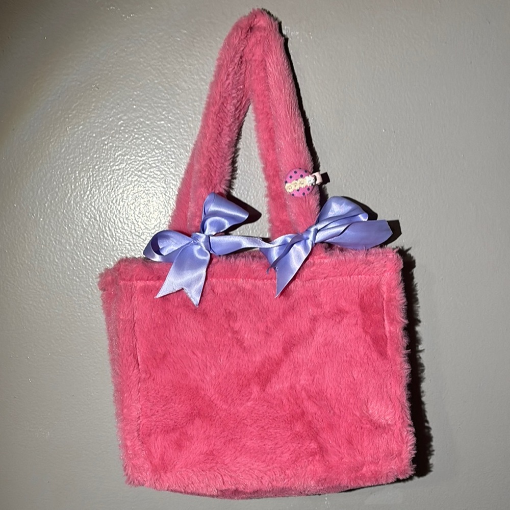 Vibrant Pink Plush Tote with Ribbon Accents added and hello kitty clip included